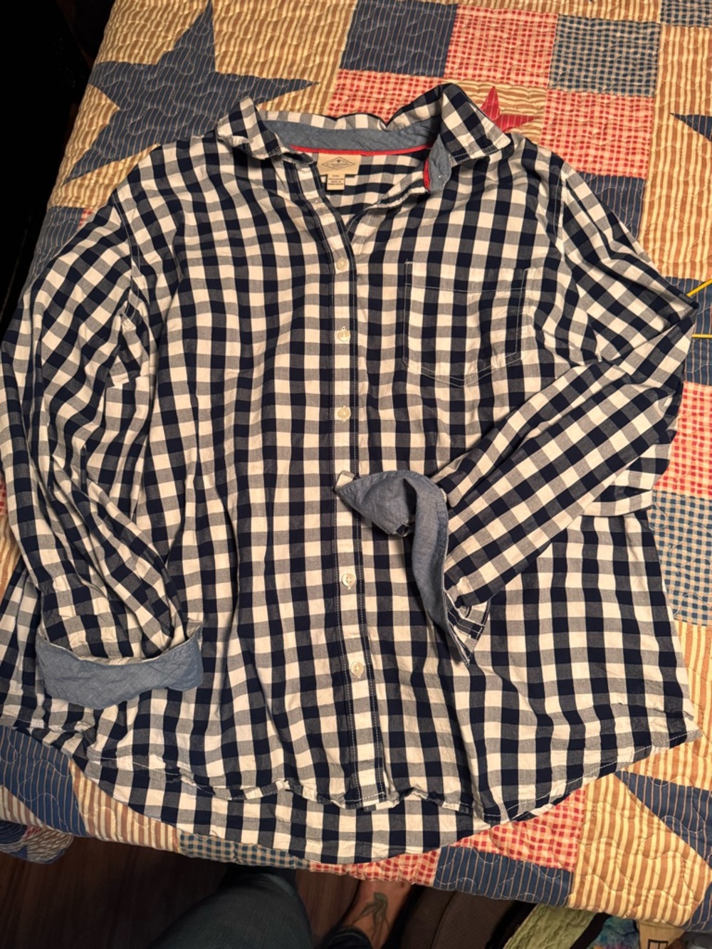 St. John's Bay Navy and White Gingham Button-Down Shirt